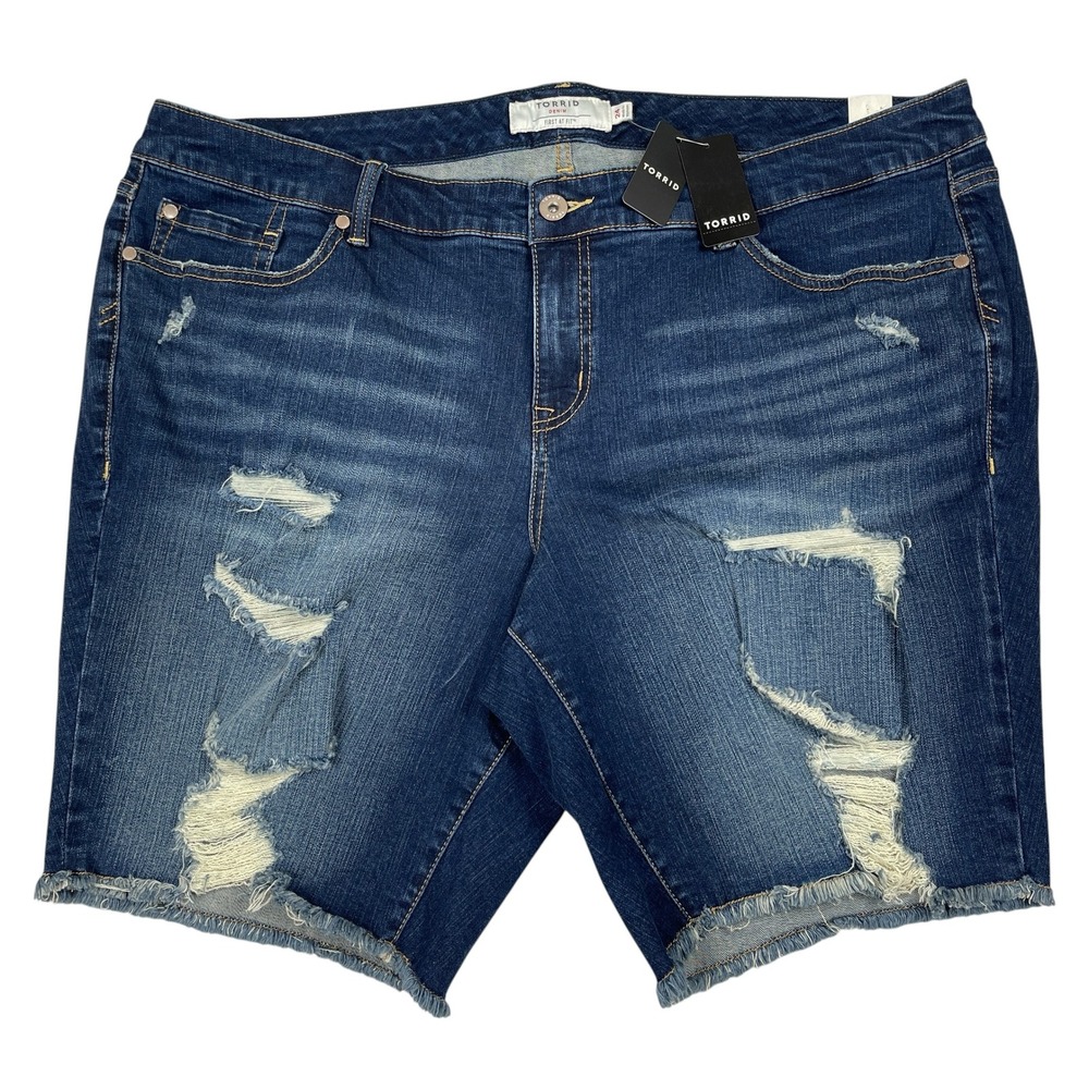 Torrid Women's Bermuda Shorts Size 24 Blue Denim Distressed Frayed Hem High Rise